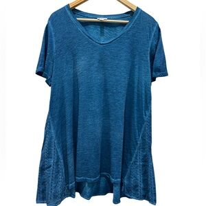 LOGO by Lori Goldstein Teal V-Neck Eyelet Top